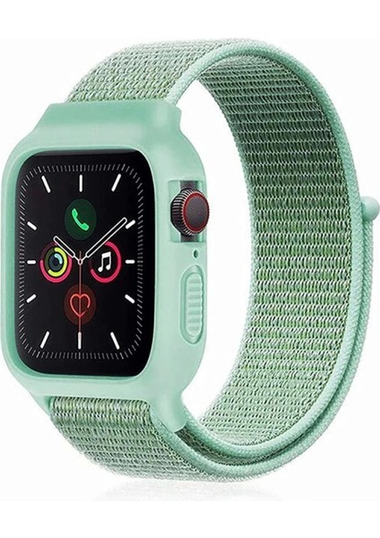 Apple Watch 42MM Hasırlı Cırtcırtlı Kasalı Kordon - Turkuaz