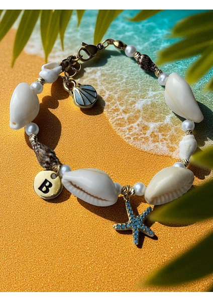 Zirkon Taşlı Deniz Yıldızı, Midye Kabuğu ve Harf Detaylı Kadın Çelik Bileklik