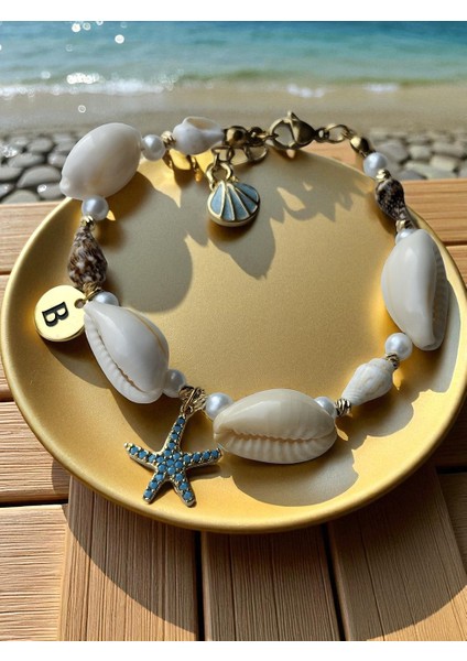 Zirkon Taşlı Deniz Yıldızı, Midye Kabuğu ve Harf Detaylı Kadın Çelik Bileklik modelleri