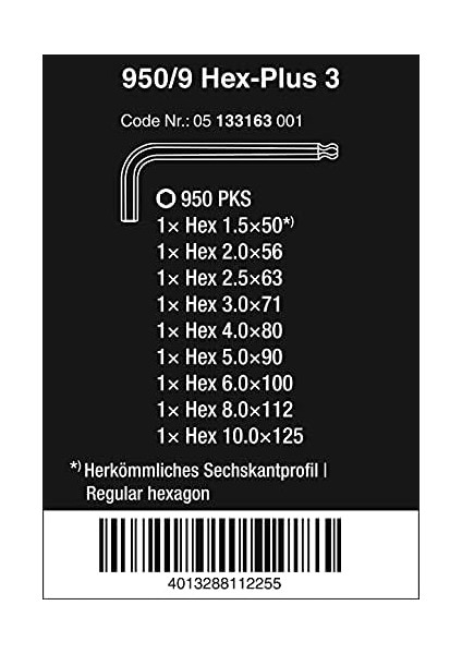 05133163001 Alyan Anahtar Seti 950 Pks/9 Sm N, Metrik, Krom Kaplama Gövde modelleri