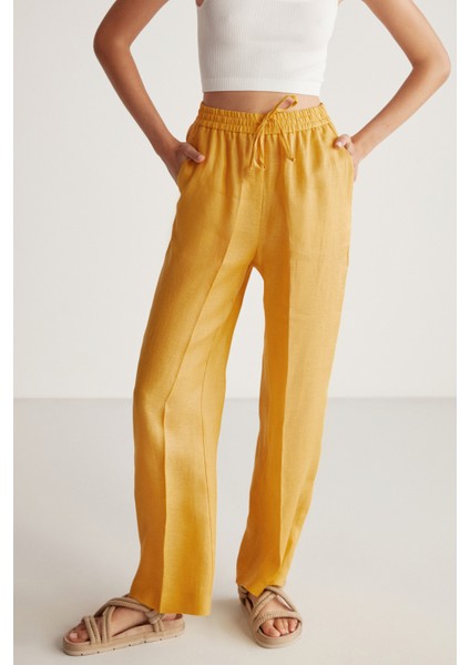 Sadıe Kadın %100 Keten Relaxed Kalıp Beli Lastikli Sarı Pantolon