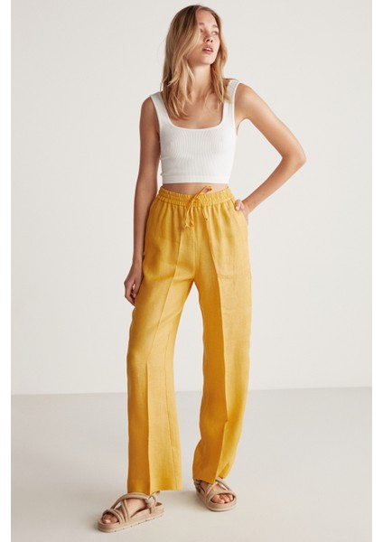 Sadıe Kadın %100 Keten Relaxed Kalıp Beli Lastikli Sarı Pantolon modelleri