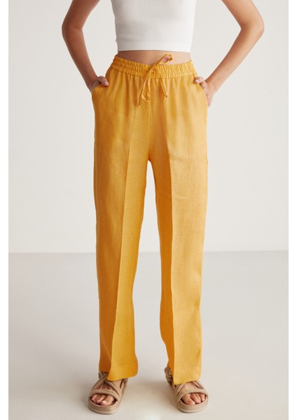 Sadıe Kadın %100 Keten Relaxed Kalıp Beli Lastikli Sarı Pantolon fırsatları