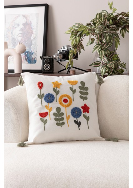 Comfort Punch Desenli Kırlent Kılıfı Kare Dekoratif Bohem Nakışlı Koltuk Yastık Kılıfı Panç 45X45