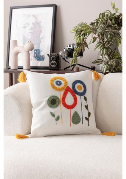 Comfort Punch Desenli Kırlent Kılıfı Kare Dekoratif Bohem Nakışlı Koltuk Yastık Kılıfı Panç 45X45