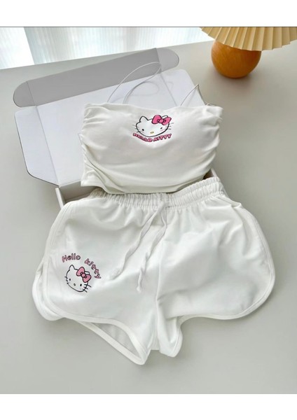 Hello Kitty Baskılı Beyaz Kadın Şortlu Pijama Takımı – Desteksiz Balensiz Ince Askılı Crop Üst