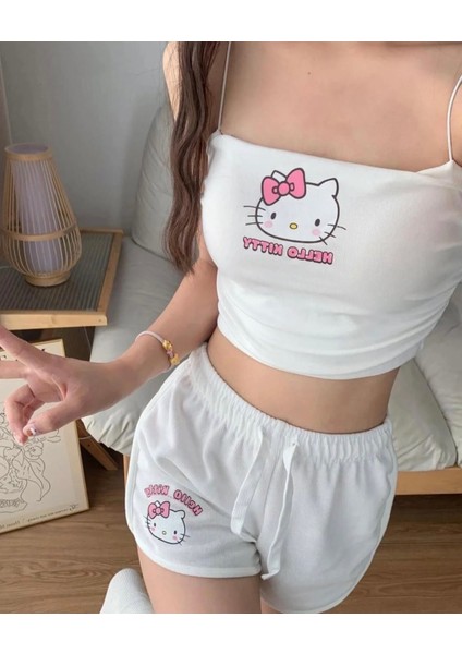 Hello Kitty Baskılı Beyaz Kadın Şortlu Pijama Takımı – Desteksiz Balensiz Ince Askılı Crop Üst fiyatları