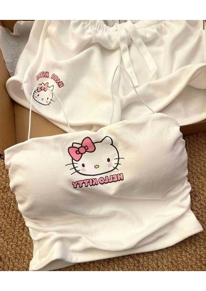 Hello Kitty Baskılı Beyaz Kadın Şortlu Pijama Takımı – Desteksiz Balensiz Ince Askılı Crop Üst fırsatları