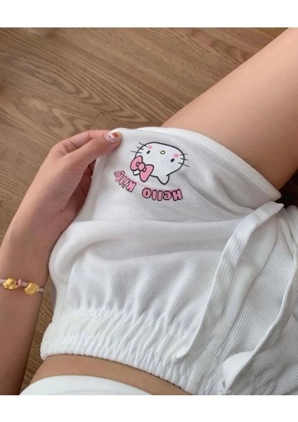 Hello Kitty Baskılı Beyaz Kadın Şortlu Pijama Takımı – Desteksiz Balensiz Ince Askılı Crop Üst indirimleri