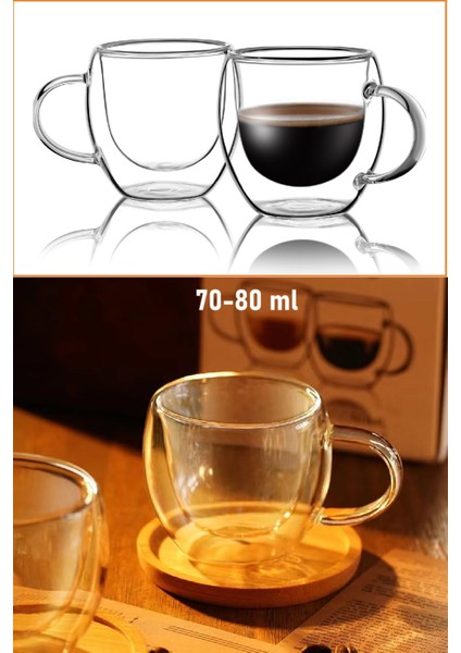 Çift Çidarlı Kulplu Borosilikat Cam Kahve Kupası, Mini Çay Kupası, Espresso ve Latte Kupası 80 ml