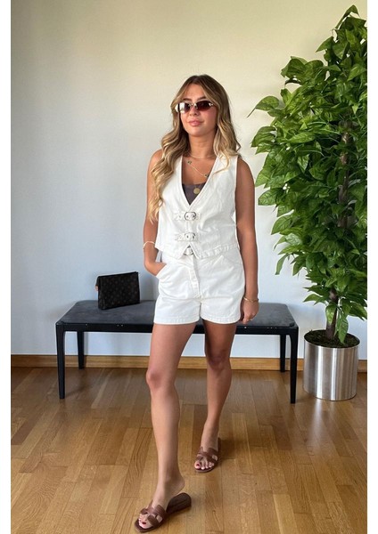 2025 Yeni Sezon Beyaz Denim Çift Kemerli Yelek Şort Takım Rahat Old Money Style Yazlık Günlük Şık fırsatları
