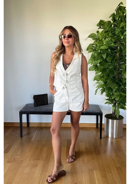 2025 Yeni Sezon Beyaz Denim Çift Kemerli Yelek Şort Takım Rahat Old Money Style Yazlık Günlük Şık indirimleri