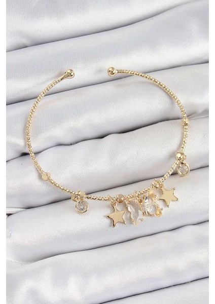 Pirinç Zirkon Taşlı Kelebek ve Yıldız Model Gold Renk Charm Bileklik - Lisinya