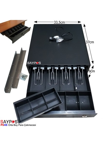 Masa Altı Montaj Askılı Orta Boy Para Çekmecesi 4 Banknot 5 Bozuk Para Gözlü 33,5x37x9cm