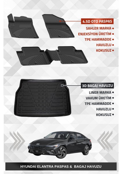 Hyundai Elantra 2021+ Uyumlu 4.5d Premium Havuzlu Oto Paspas ve Liner Marka 3D Bagaj Havuzu