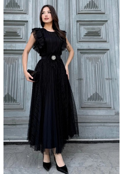 Straplez Yaka Omuz Fırfır Detaylı Kemerli Abiye Elbise 2282-SIYAH