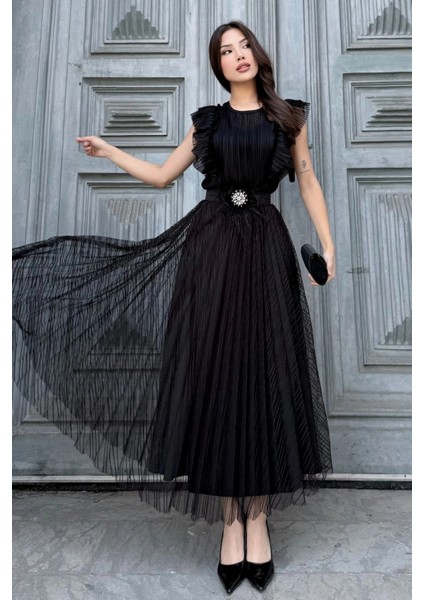 Straplez Yaka Omuz Fırfır Detaylı Kemerli Abiye Elbise 2282-SIYAH fiyatları