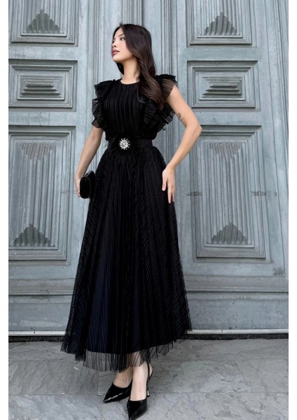 Straplez Yaka Omuz Fırfır Detaylı Kemerli Abiye Elbise 2282-SIYAH modelleri