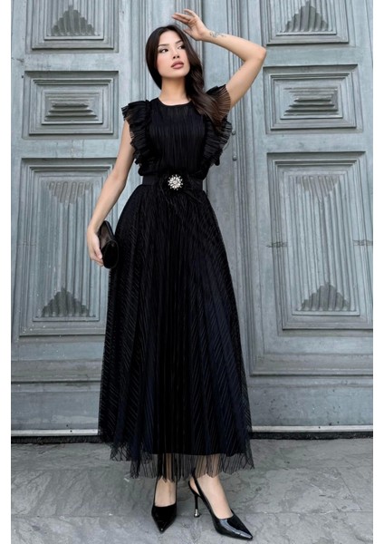 Straplez Yaka Omuz Fırfır Detaylı Kemerli Abiye Elbise 2282-SIYAH fırsatları