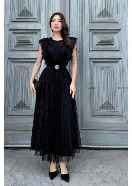 Straplez Yaka Omuz Fırfır Detaylı Kemerli Abiye Elbise 2282-SIYAH indirimleri