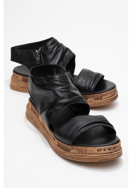 Lunas Siyah Hakiki Deri Yandan Fermuarlı Kadın Sandalet