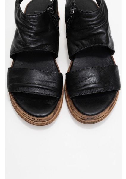 Lunas Siyah Hakiki Deri Yandan Fermuarlı Kadın Sandalet fiyatları