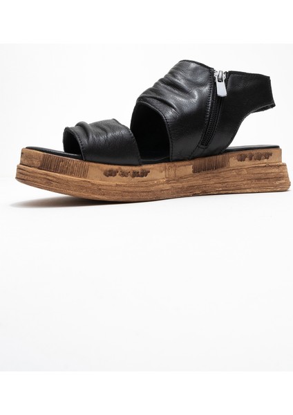Lunas Siyah Hakiki Deri Yandan Fermuarlı Kadın Sandalet fırsatları