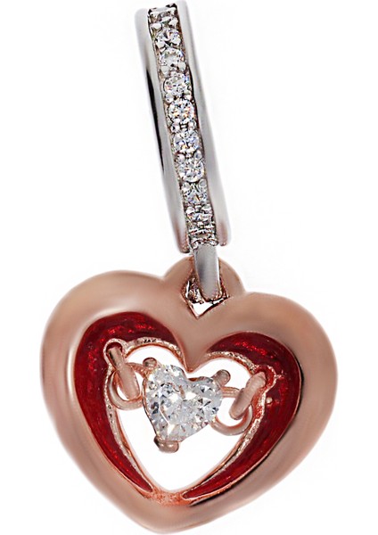 Kadın Rose Kalp ve Tektaş Detay Sallantılı Gümüş Charm