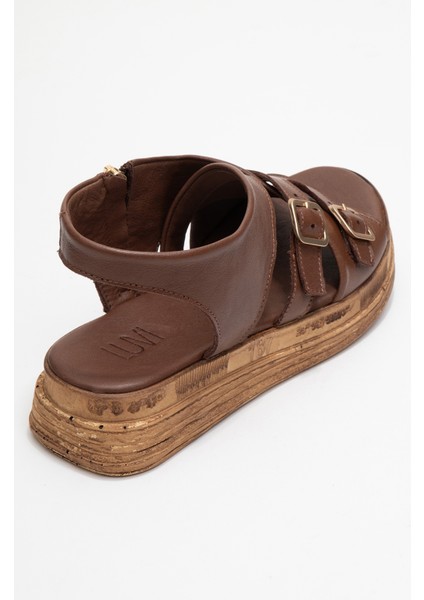 Levıne Kahverengi Hakiki Deri Tokalı Yandan Fermuarlı Kadın Sandalet indirimleri