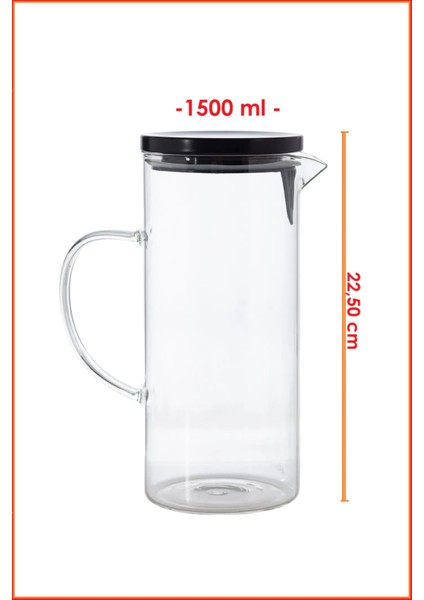 Metal Kapaklı Borosilikat Cam Isıya Dayanıklı Süzgeçli 1500 ml Sürahi