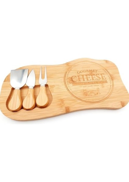 Bambu Peynir Sunum Tabağı, 3 Parça Peynir Bıçağı ve Çatalı Seti, Toplam 4 Parça, Doğal ve Şık Bambu Peynir Tabağı, Kaliteli Bambu Sunum Seti 33X17 cm Ebatlarında