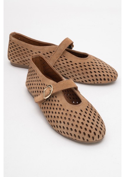 Arian Toprak Süet Hakiki Deri Delikli Kadın Babet Ayakkabı