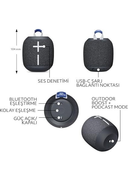 Ears Wonderboom 4 Taşınabilir Su Geçirmez Bluetooth Hoparlör, Büyük Bas ve 360 Derece Ses, 40 M Kullanım Mesafeli Toz Geçirmez Batmaz Hoparlör, Siyah fiyatları