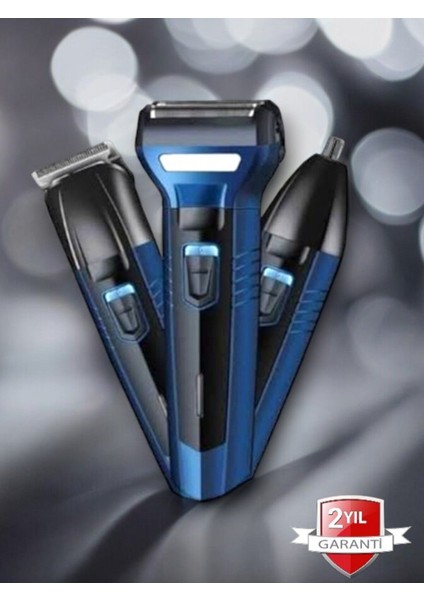 Uzun Süreli Şarjlı Paslanmaz Çelik Bıçaklı Tıraş Makinesi, 3 Başlıklı, Siyah