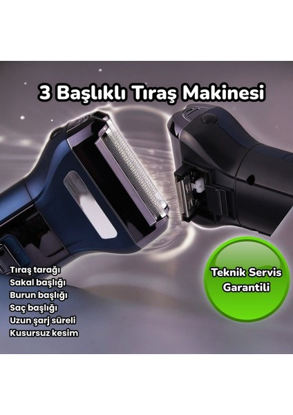 Uzun Süreli Şarjlı Paslanmaz Çelik Bıçaklı Tıraş Makinesi, 3 Başlıklı, Siyah modelleri
