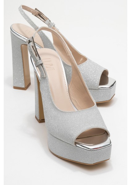 Glora Gümüş Simli Kadın Platform Topuklu Abiye Ayakkabı