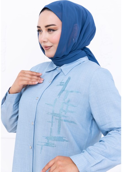 Kadın Büyük Salaş Nakış Detaylı Düğmeli Mavi Tunik