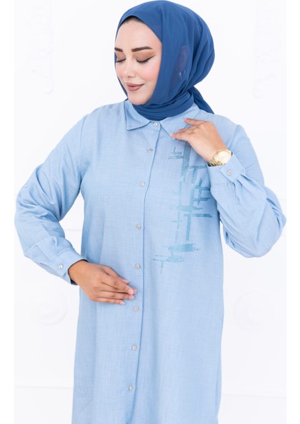 Kadın Büyük Salaş Nakış Detaylı Düğmeli Mavi Tunik fiyatları