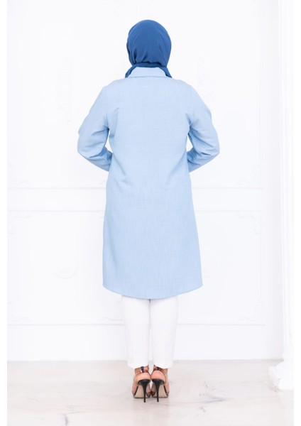 Kadın Büyük Salaş Nakış Detaylı Düğmeli Mavi Tunik modelleri