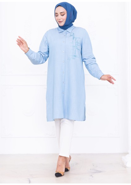 Kadın Büyük Salaş Nakış Detaylı Düğmeli Mavi Tunik fırsatları