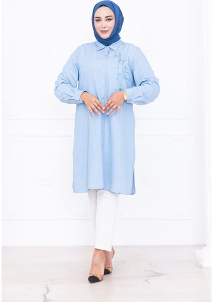 Kadın Büyük Salaş Nakış Detaylı Düğmeli Mavi Tunik indirimleri