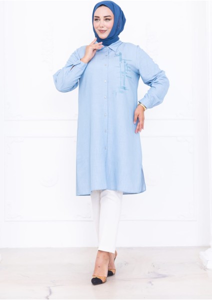 Kadın Büyük Salaş Nakış Detaylı Düğmeli Mavi Tunik