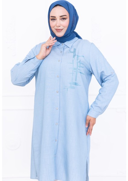 Kadın Büyük Salaş Nakış Detaylı Düğmeli Mavi Tunik