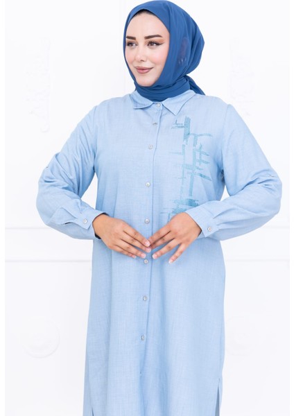 Kadın Büyük Salaş Nakış Detaylı Düğmeli Mavi Tunik