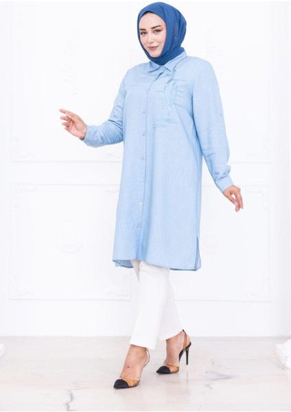 Kadın Büyük Salaş Nakış Detaylı Düğmeli Mavi Tunik