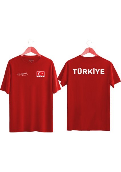 Unisex Türkiye Yazılı Atatürk Imzalı Türk Bayrağı Baskılı Tişört Ayyıldızlı T-Shirt (Normal Kalıp)