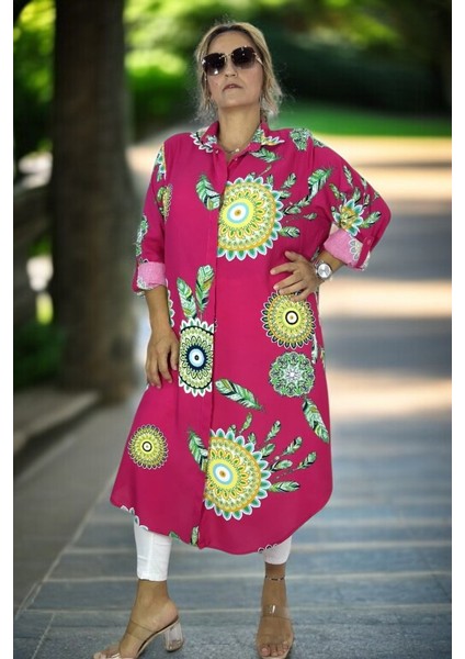 Nazar Boncuk Desenli Önden Düğmeli Katlanır Uzun Kol Battal Büyük Beden Tunik Elbise