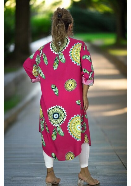 Nazar Boncuk Desenli Önden Düğmeli Katlanır Uzun Kol Battal Büyük Beden Tunik Elbise fiyatları