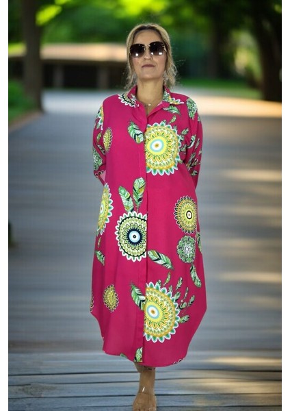 Nazar Boncuk Desenli Önden Düğmeli Katlanır Uzun Kol Battal Büyük Beden Tunik Elbise modelleri