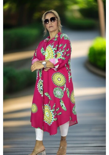 Nazar Boncuk Desenli Önden Düğmeli Katlanır Uzun Kol Battal Büyük Beden Tunik Elbise indirimleri